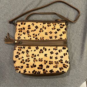 Myra Feisty Leather & Hairon Leopard Print Crossbody Bag Western Boho  Purse